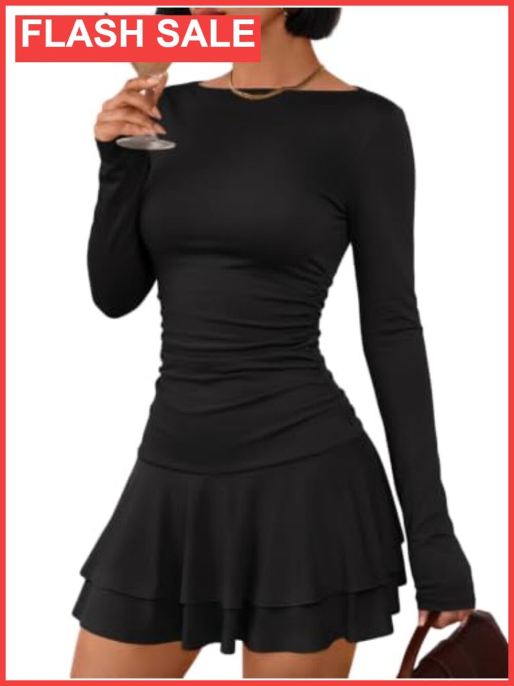 Boat Neck Long Sleeve Mini Ruffle Dress Stretch Party Fall Outfit
